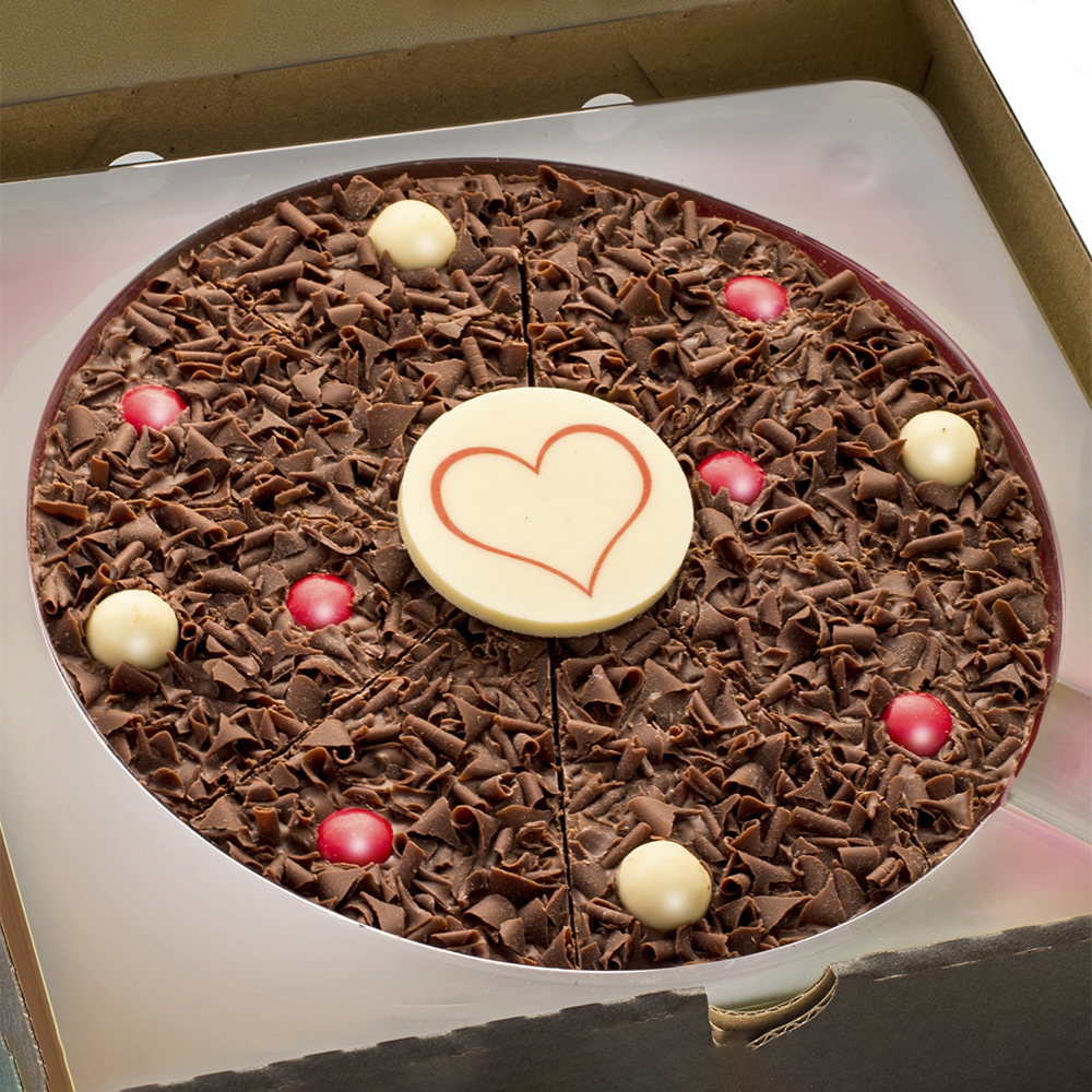 7" Love Pizza with milk chocolate curls, coloured decorations and a heart plaque.